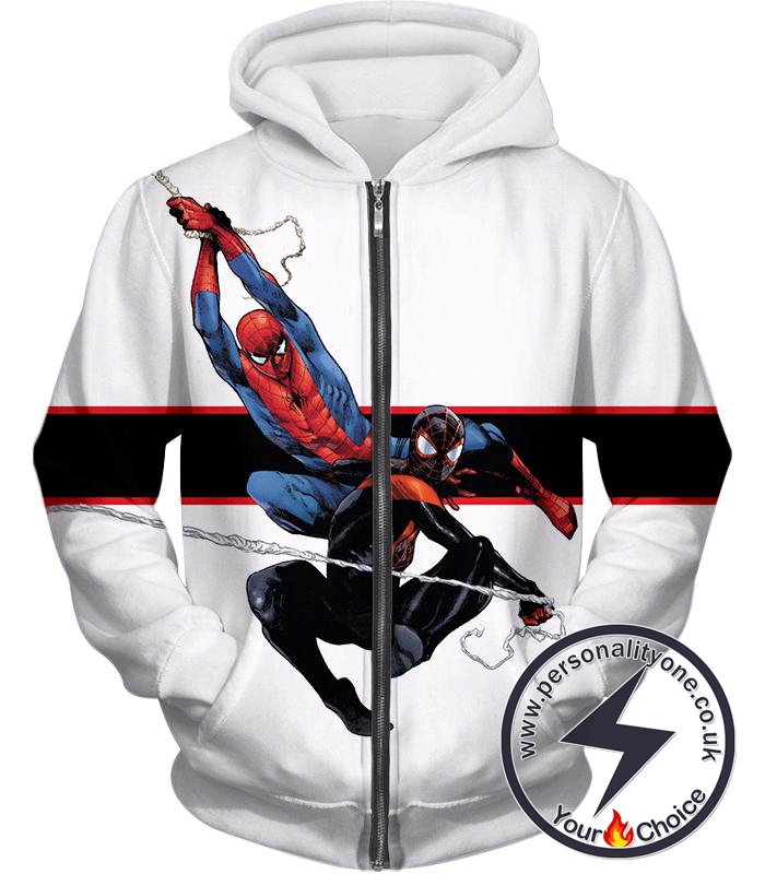 Spiderman x Black Spiderman Cool Action White Zip Up Hoodie